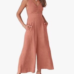 Chic Pink Jumpsuit with Wrap-Style V-Neck and Wide-Leg Pants